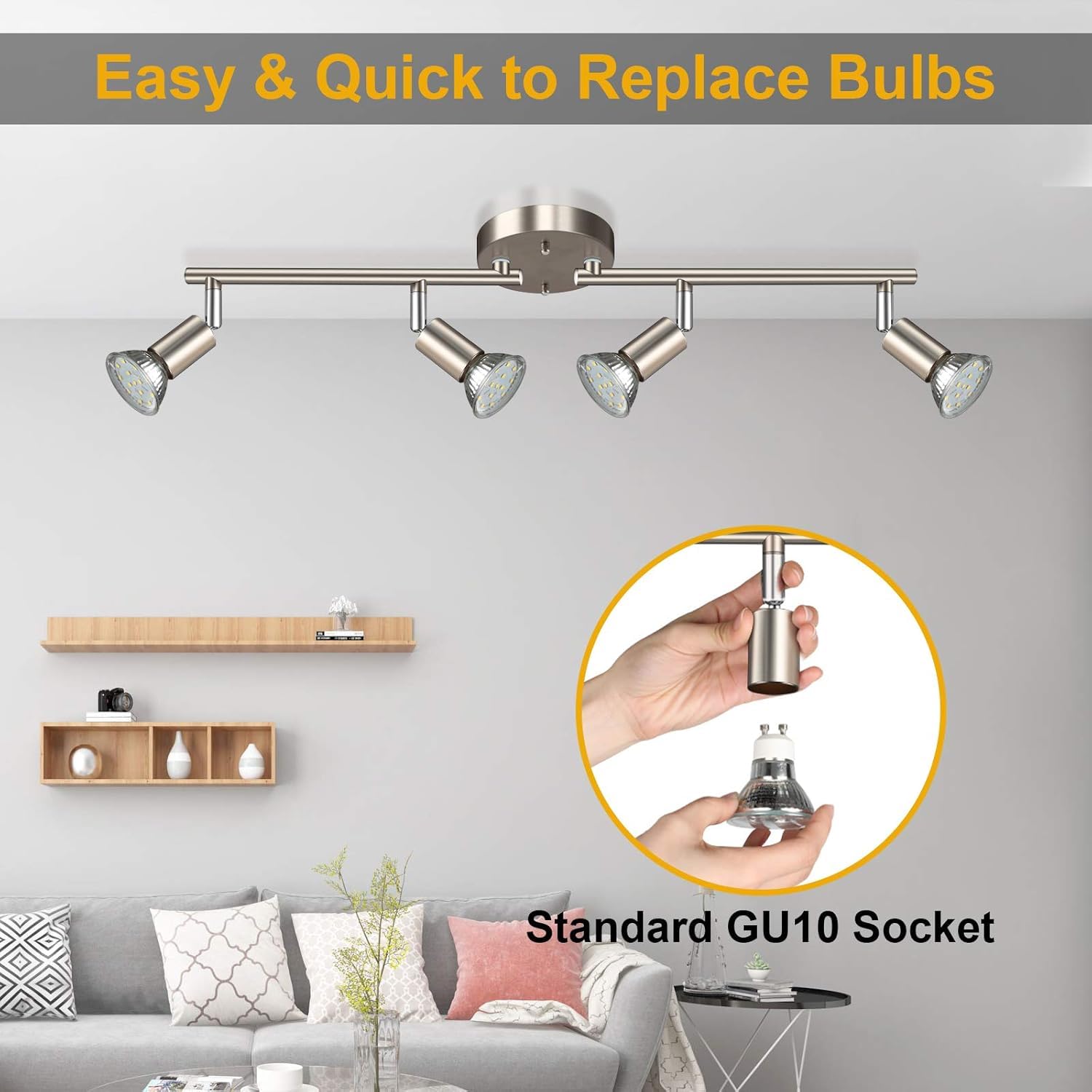 LED Ceiling Light,4 Way Rotatable Spot Lights for Ceiling,Flexible Ceiling Lights for Bedroom,Living Room, Black Nickel with Protectiv Bulb Trims(Gu10 Bulbs Not Included)