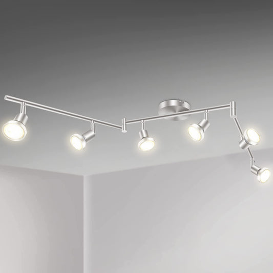 LED Ceiling Light 6 Way Rotatable Spot Lights for Ceiling,Flexible Ceiling Lights for Bedroom,Living Room,Nickel with Protectiv Bulb Trims(Gu10 Bulbs Not Included)