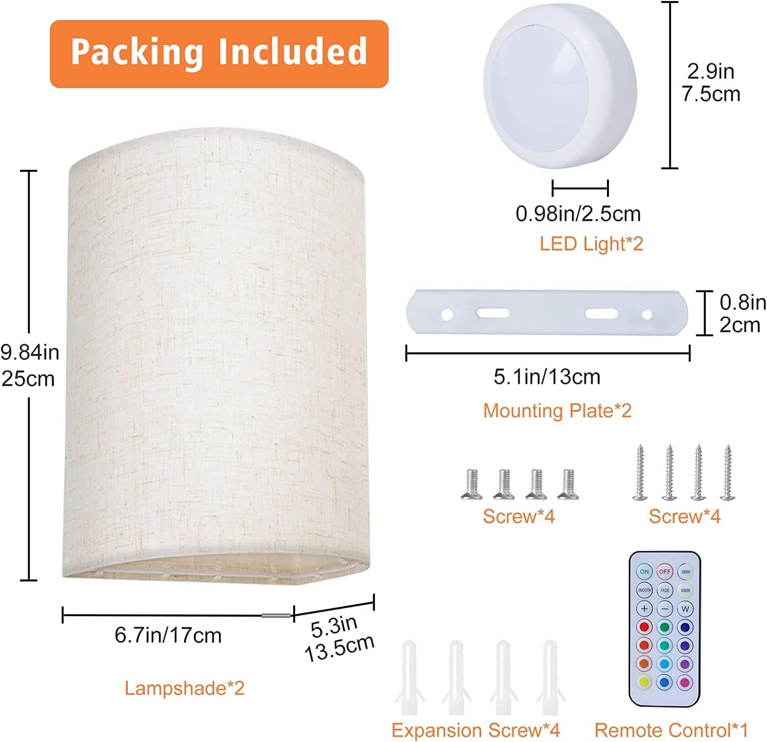 Battery Operated Wall Lights Indoor with Remote, Wireless LED Wall Lights with Fabric Shade, 12 Colors + Day White Changeable Dimmable Wall Lamp for Living Room Bedroom Hallway