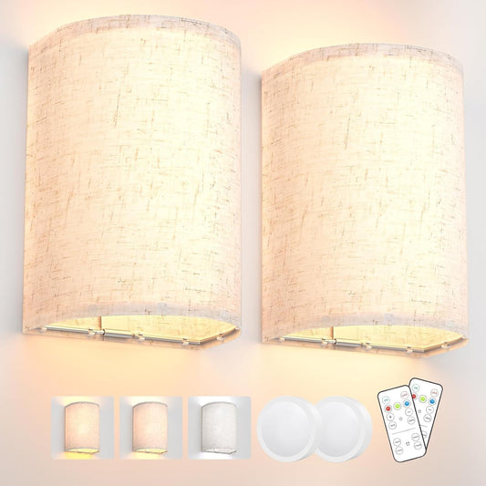Battery Operated Wall Lights,2 Pack Wall Light Decor with Remote Control,3 Colors Dimmable Fabric Shade Wall Lamps,Wireless Sconce Wall Lights for Farmhouse Sconces Wall Lighting 2700K-6000K