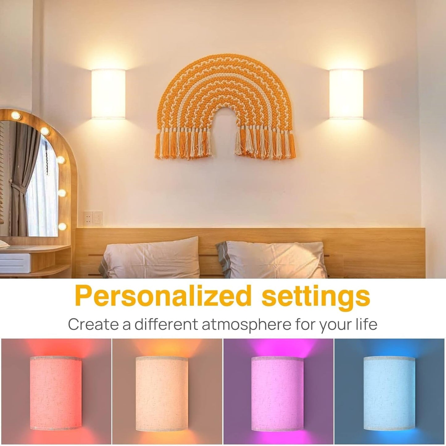 Wall Lights Set of 2, Battery Operated Fabric Sconce with Remote, LED Lamps in RGB+Warm White, Dimmable Timer for Bedroom and Living Room Lighting