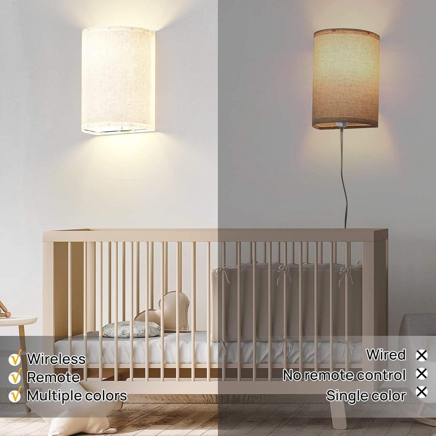 Wall Lights Set of 2, Battery Operated Fabric Sconce with Remote, LED Lamps in RGB+Warm White, Dimmable Timer for Bedroom and Living Room Lighting