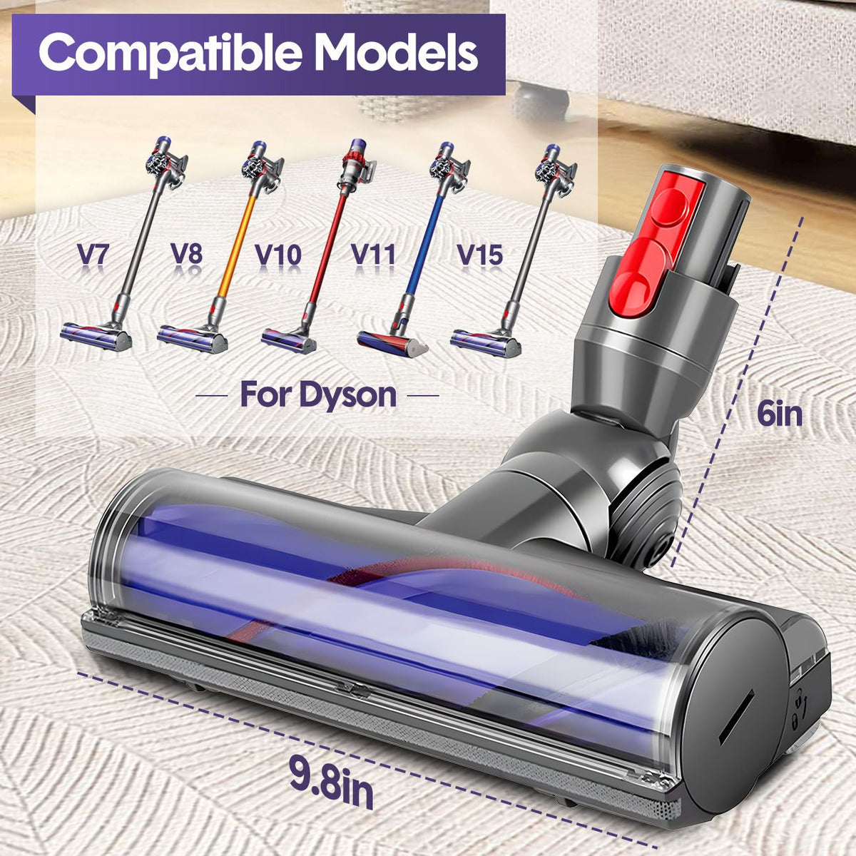 Vacuum Cleaner Motorhead Attachment Compatible with Dyson V7 V8 V10 V11 V15, 50W Hard Roller Brush Head for Carpet & Floors