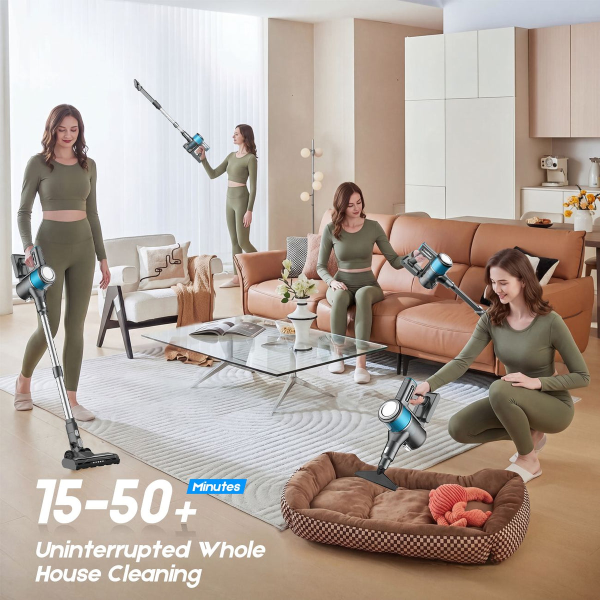 8-in-1 Cordless Vacuum Cleaner 2 Modes Anti-Tangle Brush For Pet Hair On Hardwood Floors & Carpets