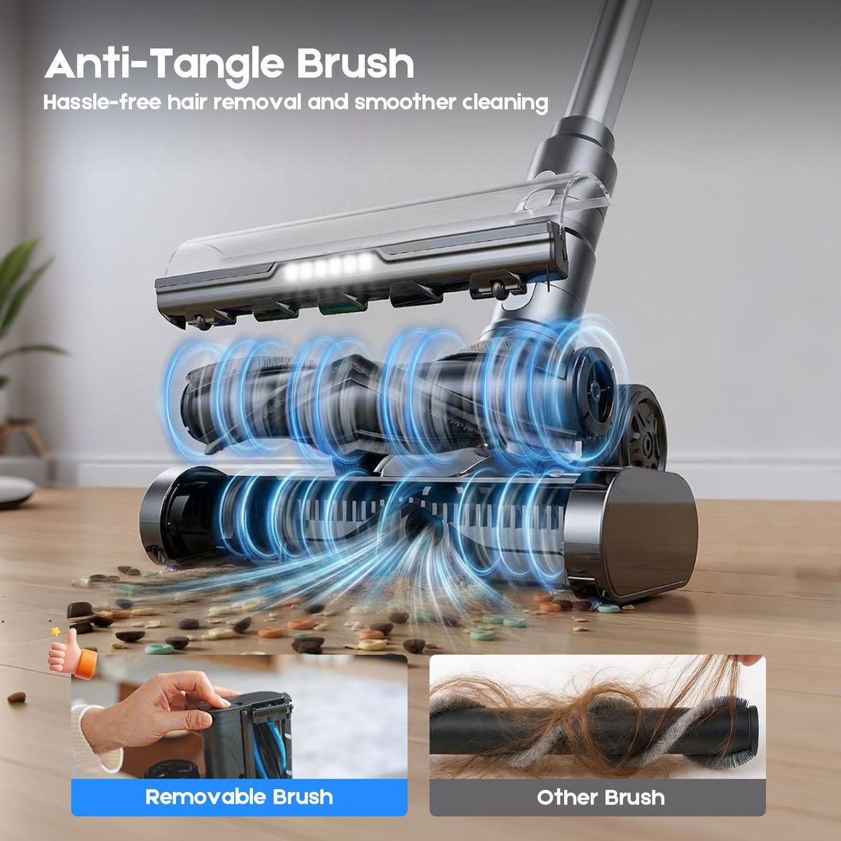 8-in-1 Cordless Vacuum Cleaner 2 Modes Anti-Tangle Brush For Pet Hair On Hardwood Floors & Carpets