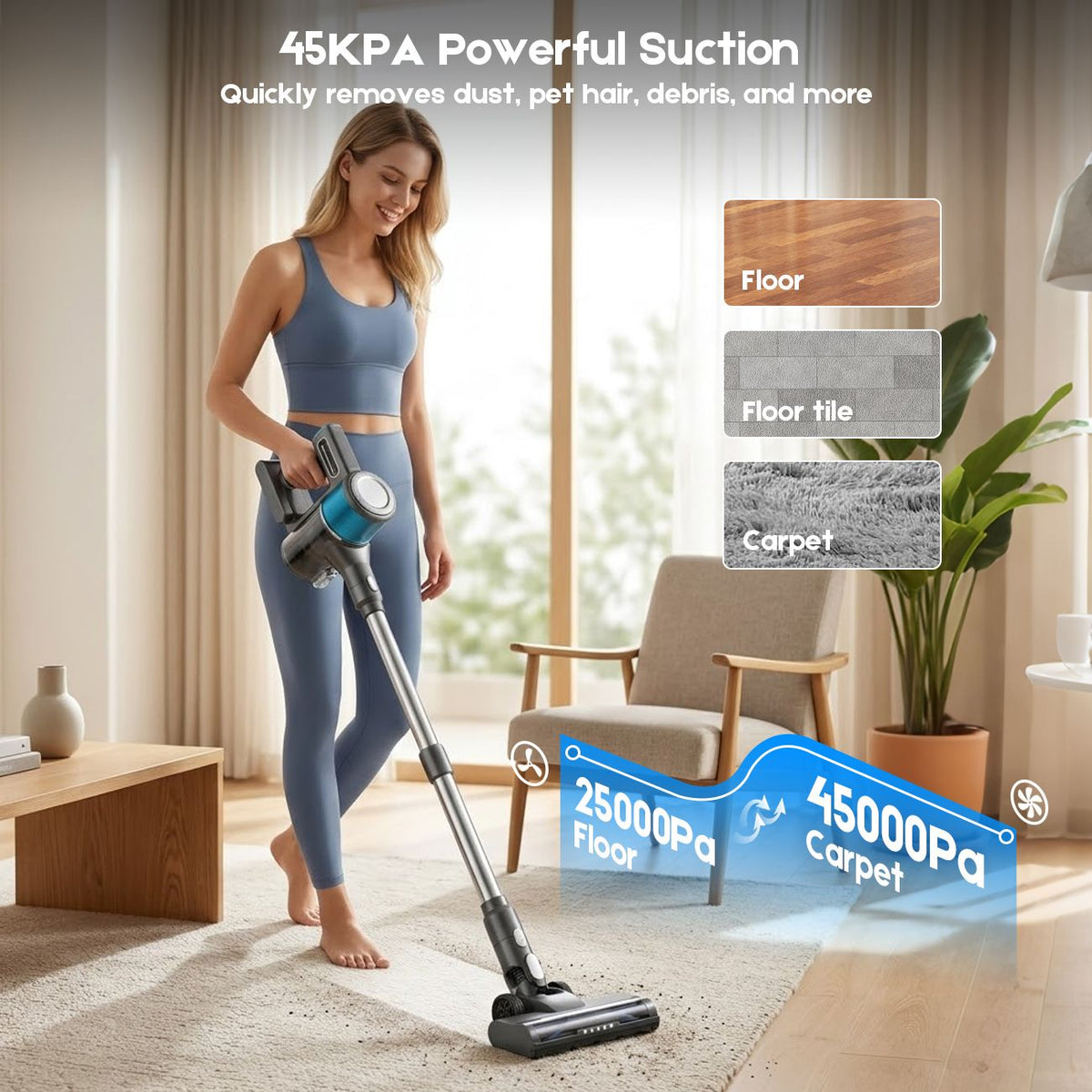 8-in-1 Cordless Vacuum Cleaner 2 Modes Anti-Tangle Brush For Pet Hair On Hardwood Floors & Carpets
