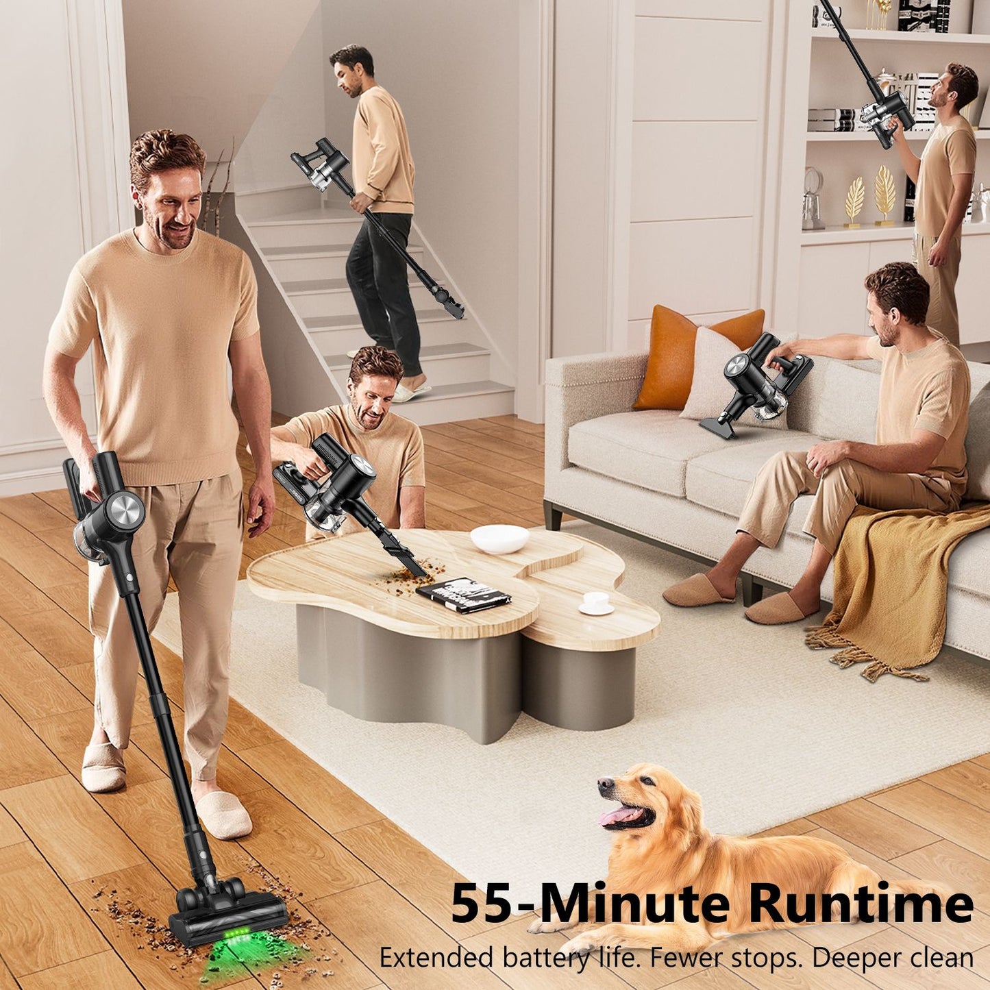Cordless Vacuum Cleaner, 55Kpa/55Mins Vacuum Cleaners for Home. Self-Standing Stick Vacuum with Rechargeable Dockï¼ŒLED Display & Anti-Tangleï¼ŒLightweight Rechargeable Vacuum for Carpetï¼ŒFloor