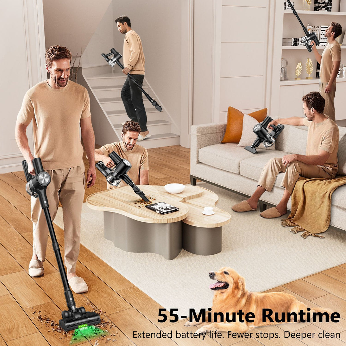 Cordless Vacuum Cleaner, 55Kpa/55Mins Vacuum Cleaners for Home. Self-Standing Stick Vacuum with Rechargeable Dockï¼ŒLED Display & Anti-Tangleï¼ŒLightweight Rechargeable Vacuum for Carpetï¼ŒFloor
