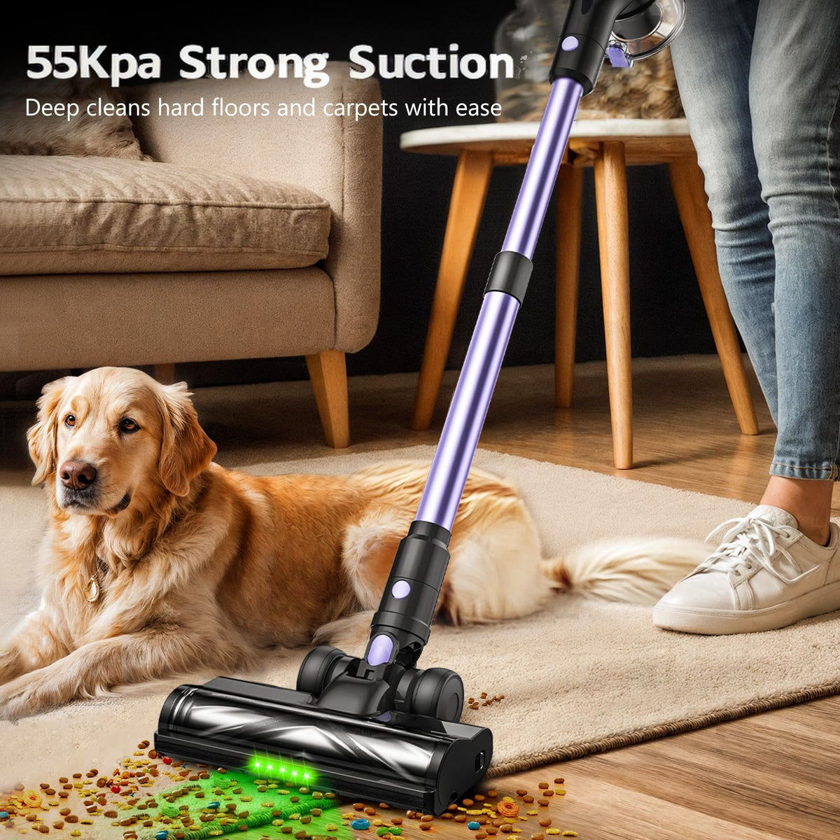 Cordless Vacuum Cleaner, 55Kpa/55mins Self-Standing Powerful Stick Lightweight Vacuum Cleaner for Home Pet Hair/Hard Floor/Carpetã€‚