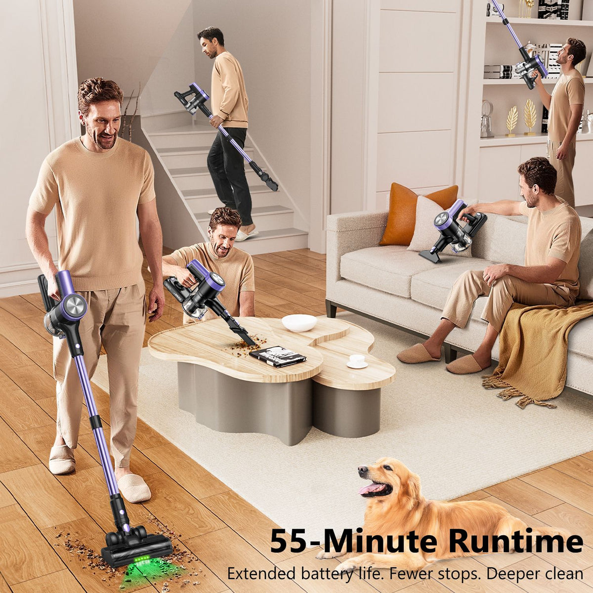 Cordless Vacuum Cleaner, 55Kpa/55mins Self-Standing Powerful Stick Lightweight Vacuum Cleaner for Home Pet Hair/Hard Floor/Carpetã€‚