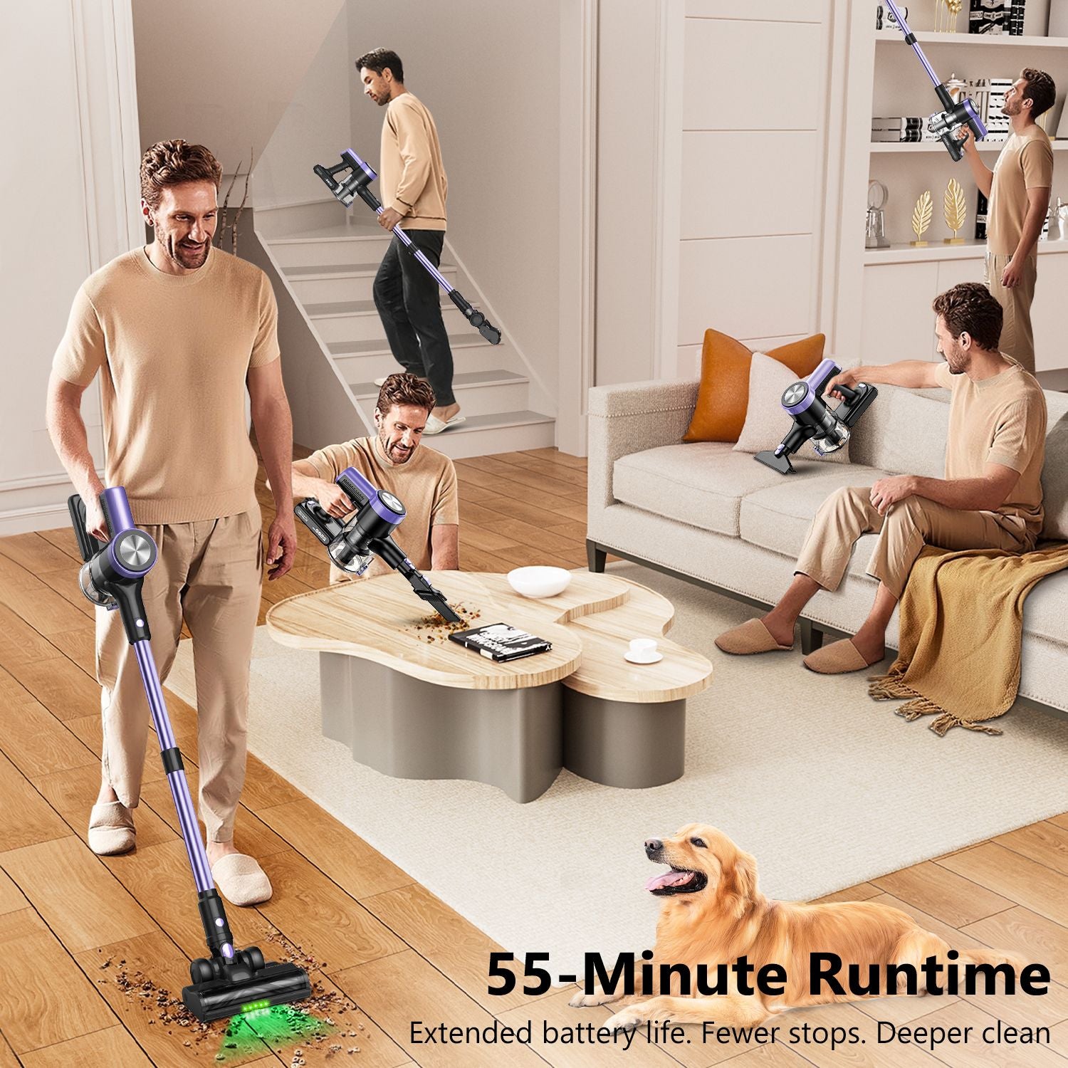 Cordless Vacuum Cleaner, 55Kpa/55mins Self-Standing Powerful Stick Lightweight Vacuum Cleaner for Home Pet Hair/Hard Floor/Carpetã€‚