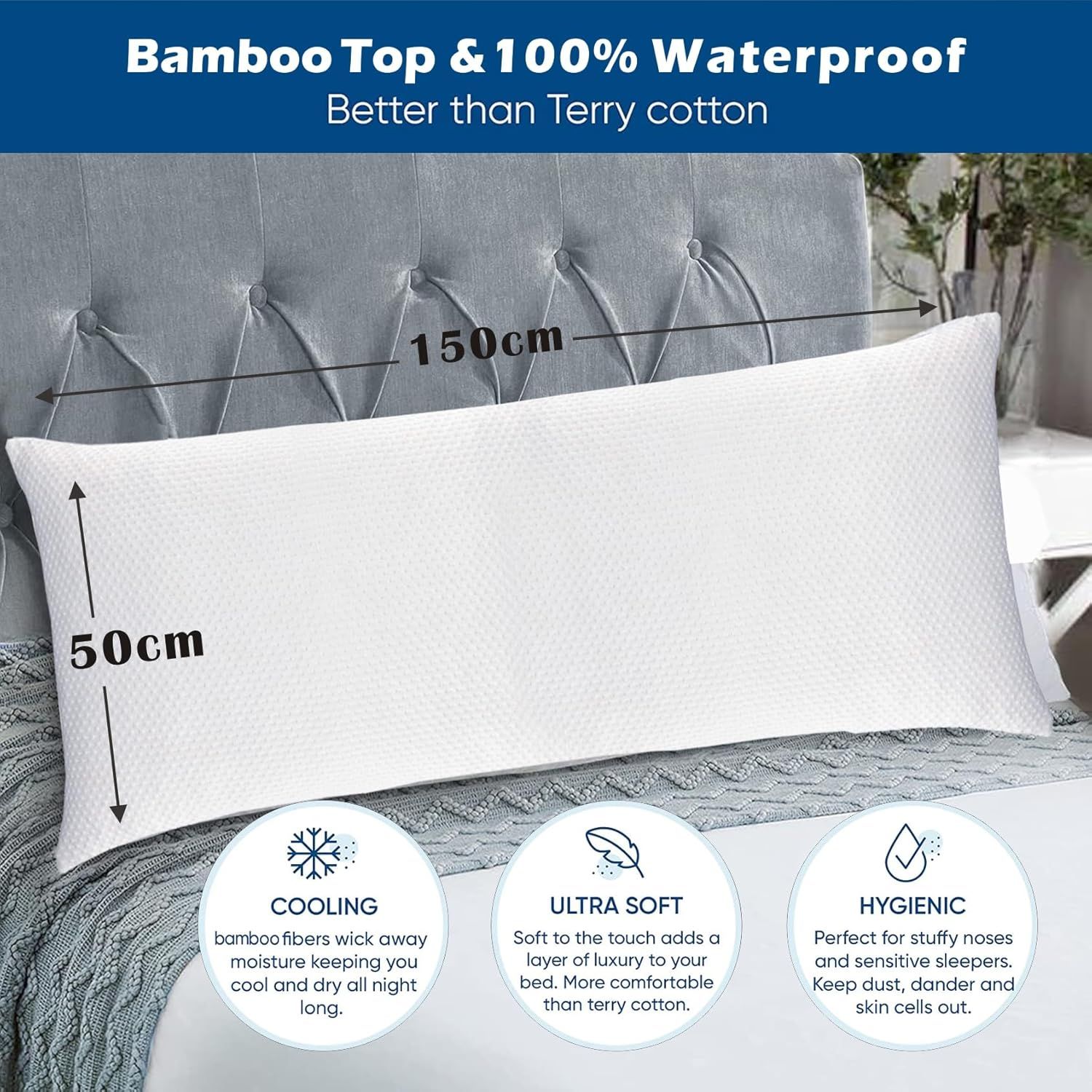 Waterproof Bamboo Pillow Protector Cover,100% Bug Water Proof Zippered Pillow Cases Body Size (1 Pack, White,50cm x 150cm)