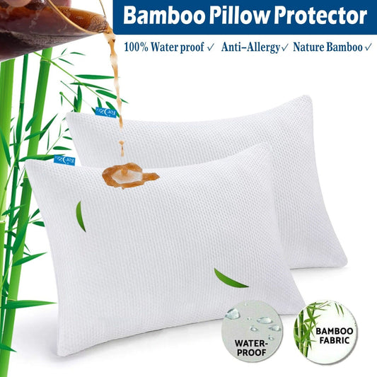 Waterproof Bamboo Pillow Protector Cover, 100% Bug Water Proof Zippered Pillow Cases Standard/Queen Size ( 2 Pack,White,48cm x 74cm)