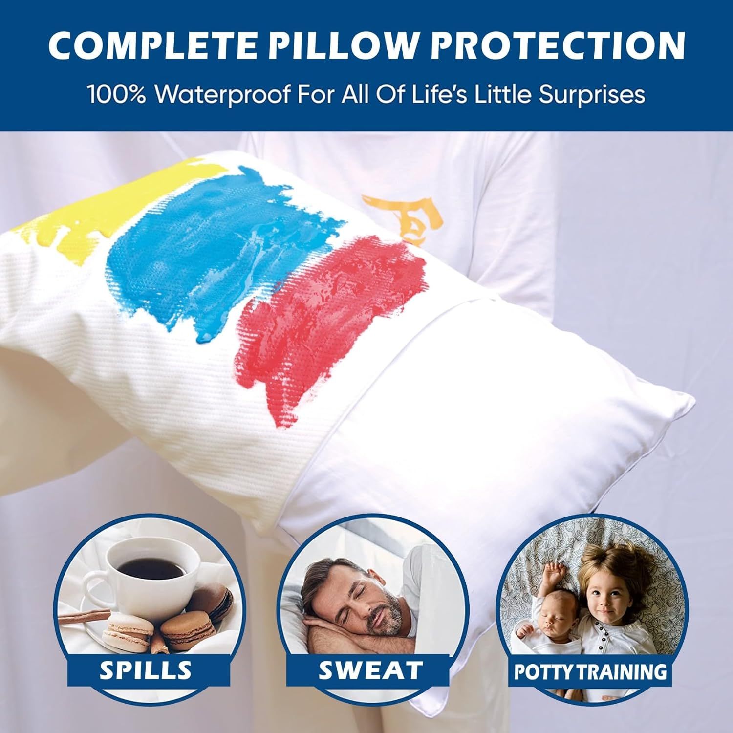 Waterproof Bamboo Pillow Protector Cover, 100% Bug Water Proof Zippered Pillow Cases Standard/Queen Size ( 2 Pack,White,48cm x 74cm)