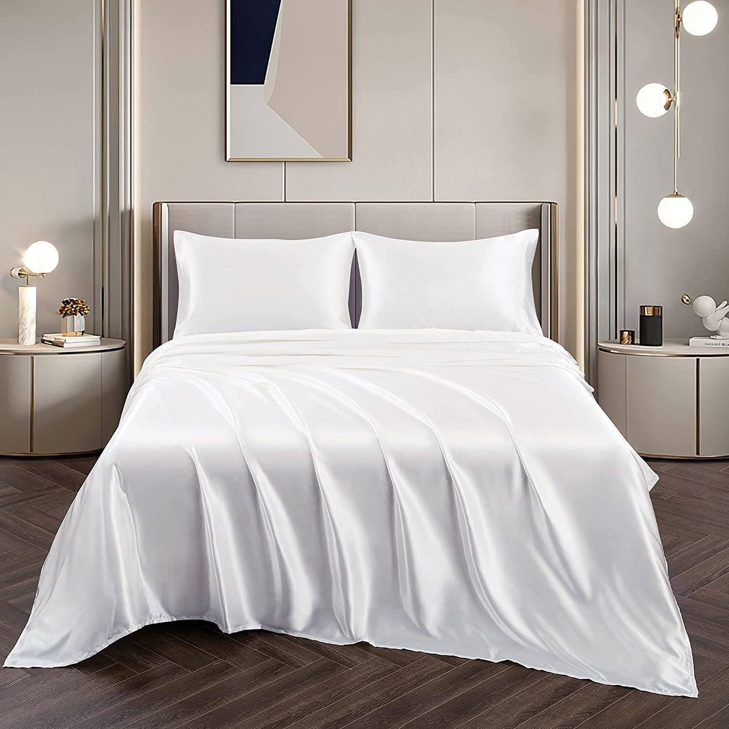 Art Silk Satin Sheet Set Hotel 4 Pieces Fitted/Flat Sheet Bedding Set-Luxury Soft Silky Sheets for Hair and Skin, Similar to Silk Bed Sheets Set 4 Pieces(Double,White)