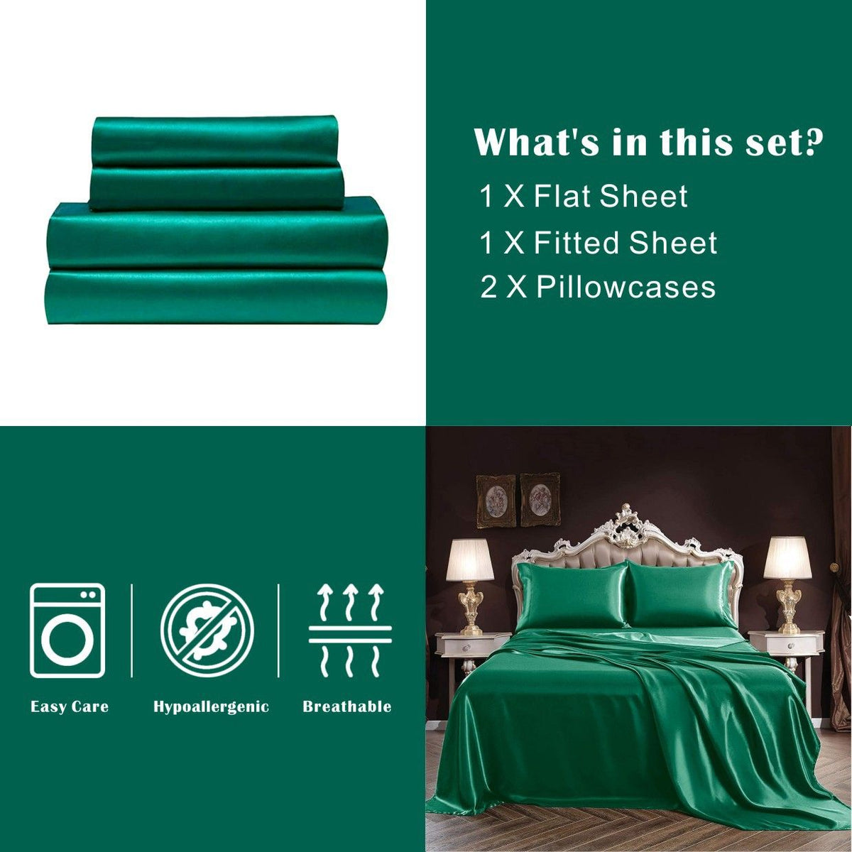 Art Silk Satin Sheet Set Hotel 4 Pieces Fitted/Flat Sheet Bedding Set-Luxury Soft Silky Sheets for Hair and Skin, Similar to Silk Bed Sheets Set 4 Pieces(King,Green)