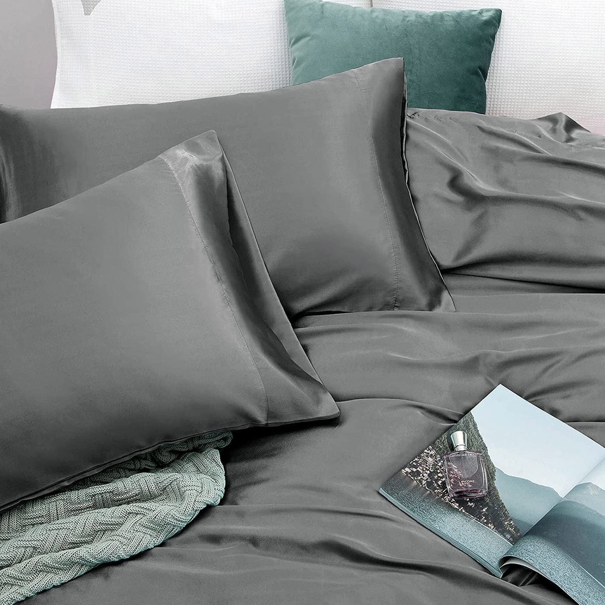 Art Silk Satin Sheet Set Hotel 3 Pieces Fitted/Flat Sheet Bedding Set-Luxury Soft Silky Sheets for Hair and Skin, Similar to Silk Bed Sheets Set 3 Pieces(King Single,Grey)