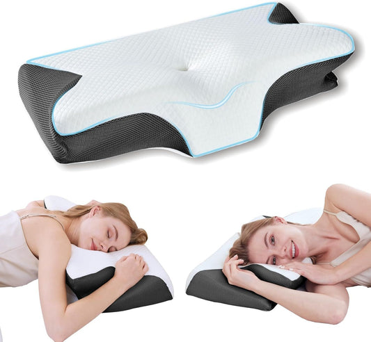 Bamboo Cervical Pillow for Neck and Shoulder Pain Relief Ergonomic Bed Pillow, Cooling Ergonomic Memory Foam Pillow Butterfly Shape for Side Back Stomach Sleeping Use with Breathable Cooling Pillowcase