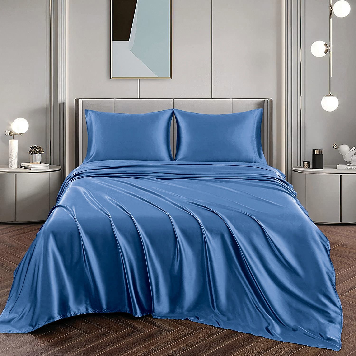 Art Silk Satin Sheet Set Hotel 4 Pieces Fitted/Flat Sheet Bedding Set-Luxury Soft Silky Sheets for Hair and Skin, Similar to Silk Bed Sheets Set 4 Pieces(Double,Ocean)