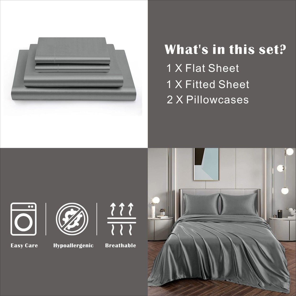 Art Silk Satin Sheet Set Hotel 4 Pieces Fitted/Flat Sheet Bedding Set-Luxury Soft Silky Sheets for Hair and Skin, Similar to Silk Bed Sheets Set 4 Pieces(Double,Grey)