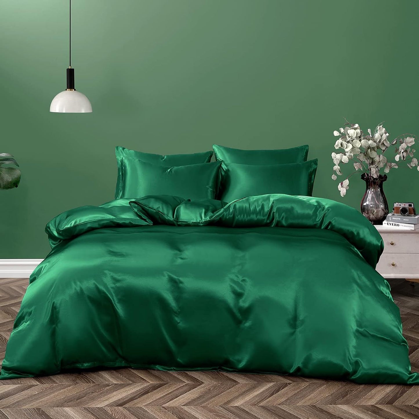 Satin Quilt cover Set Hotel 3 Pieces Quilt cover with Pillowcase, Art Silk Bedding Set-Luxury Soft Silky pillowcase for Hair and Skin, Similar to Silk Duvet/Donna Cover Set- 3 Pieces(King,Green)
