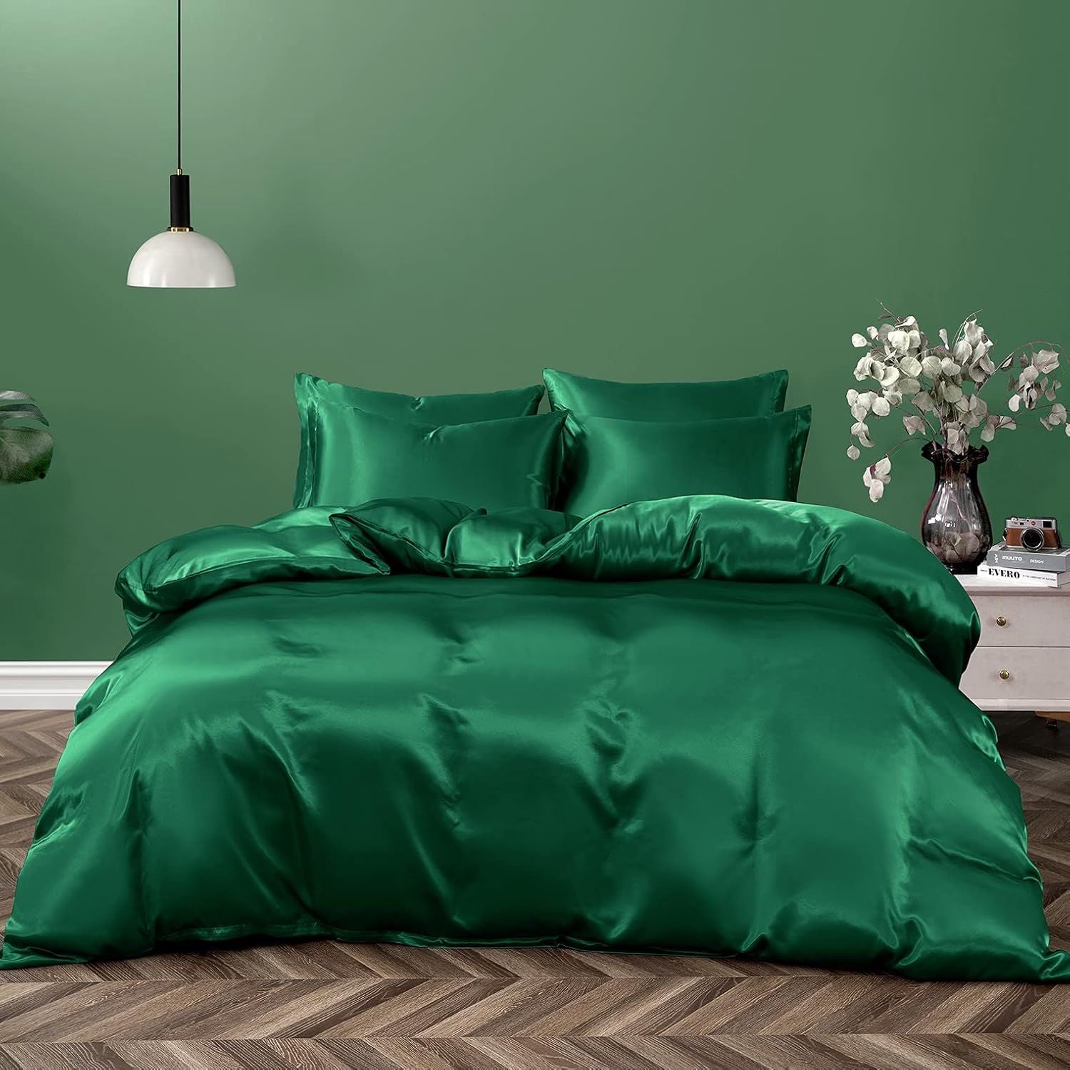 Satin Quilt cover Set Hotel 3 Pieces Quilt cover with Pillowcase, Art Silk Bedding Set-Luxury Soft Silky pillowcase for Hair and Skin, Similar to Silk Duvet/Donna Cover Set- 3 Pieces(King,Green)