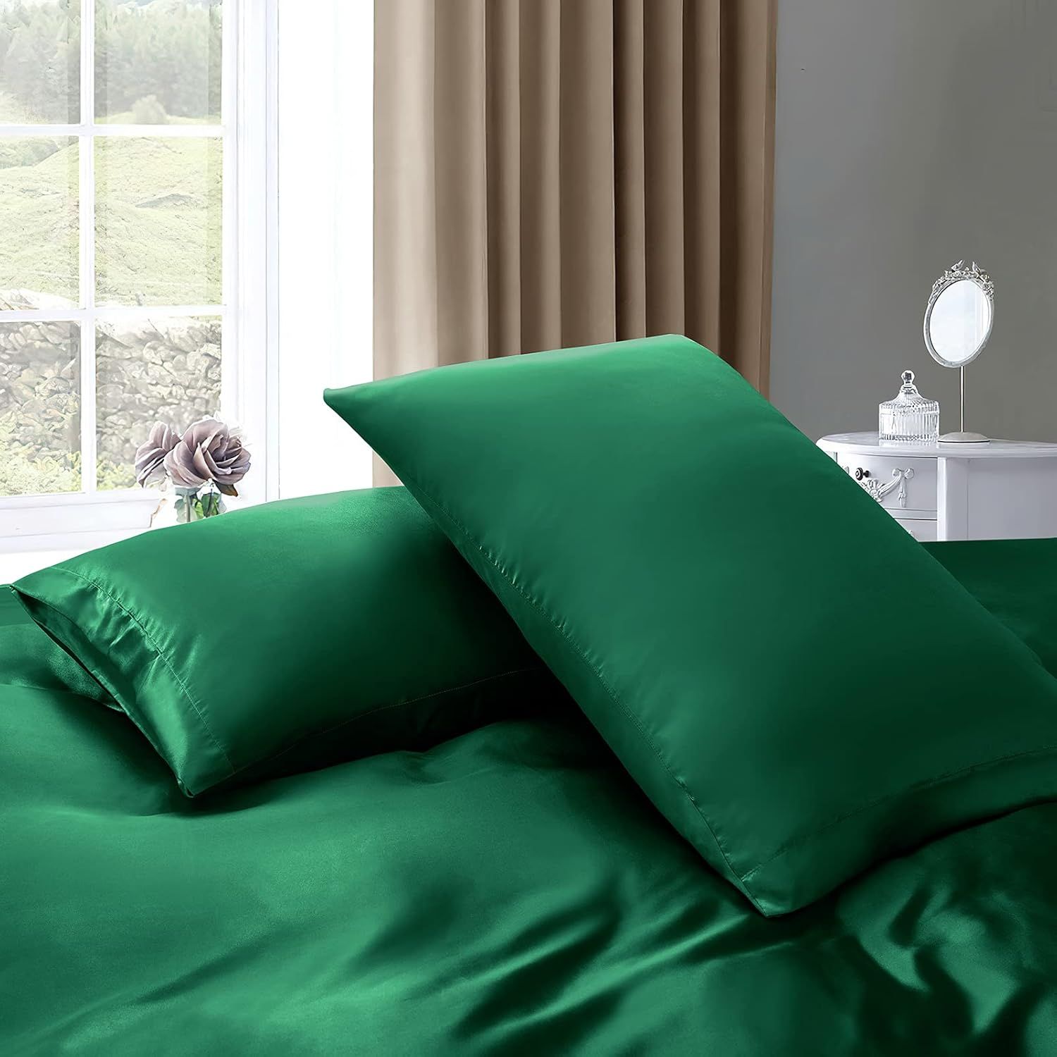Satin Quilt cover Set Hotel 3 Pieces Quilt cover with Pillowcase, Art Silk Bedding Set-Luxury Soft Silky pillowcase for Hair and Skin, Similar to Silk Duvet/Donna Cover Set- 3 Pieces(King,Green)
