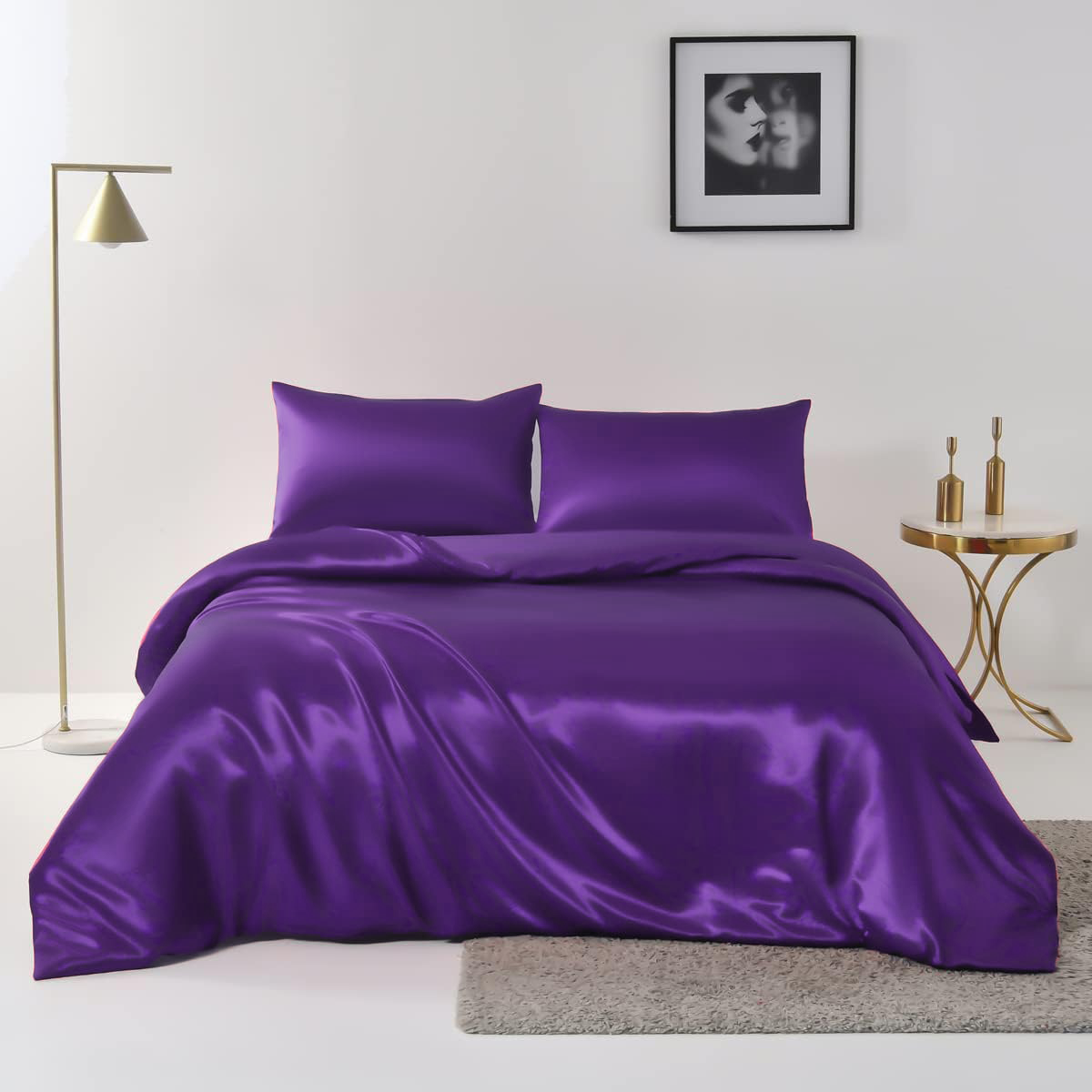 Satin Quilt cover Set Hotel 3 Pieces Quilt cover with Pillowcase, Art Silk Bedding Set-Luxury Soft Silky pillowcase for Hair and Skin, Similar to Silk Duvet/Donna Cover Set- 3 Pieces(King,Purple)