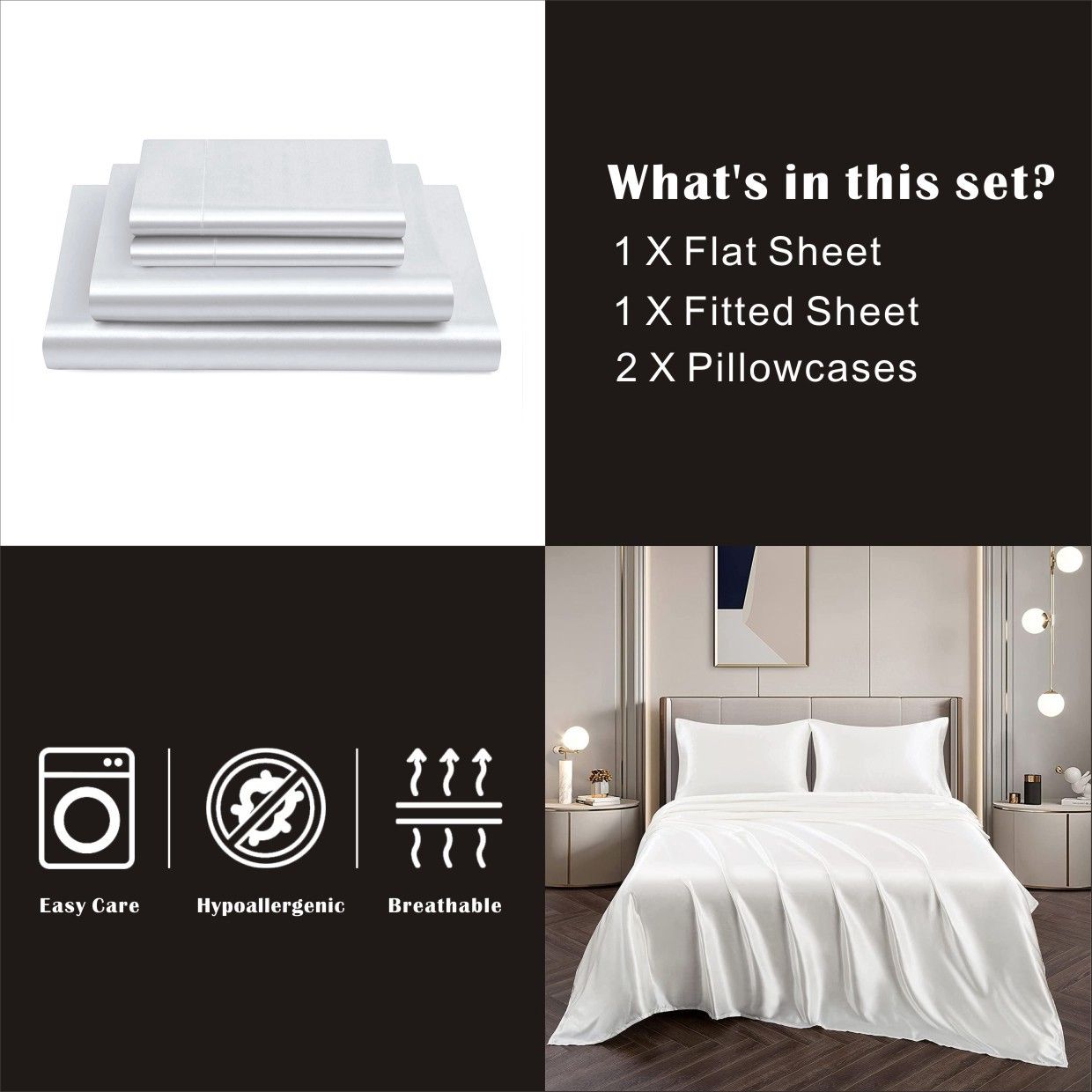 Art Silk Satin Sheet Set Hotel 4 Pieces Fitted/Flat Sheet Bedding Set-Luxury Soft Silky Sheets for Hair and Skin, Similar to Silk Bed Sheets Set 4 Pieces(King,White)
