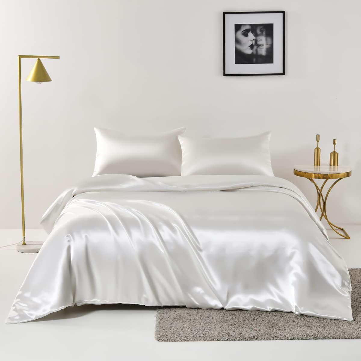 Satin Quilt cover Set Hotel 3 Pieces Quilt cover with Pillowcase, Art Silk Bedding Set-Luxury Soft Silky pillowcase for Hair and Skin, Similar to Silk Duvet/Donna Cover Set- 3 Pieces(Queen,White)