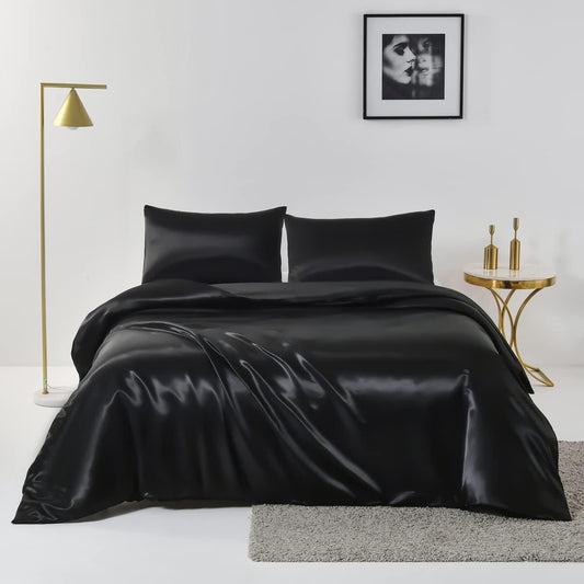 Satin Quilt cover Set Hotel 3 Pieces Quilt cover with Pillowcase, Art Silk Bedding Set-Luxury Soft Silky pillowcase for Hair and Skin, Similar to Silk Duvet/Donna Cover Set- 3 Pieces(Queen,Black)