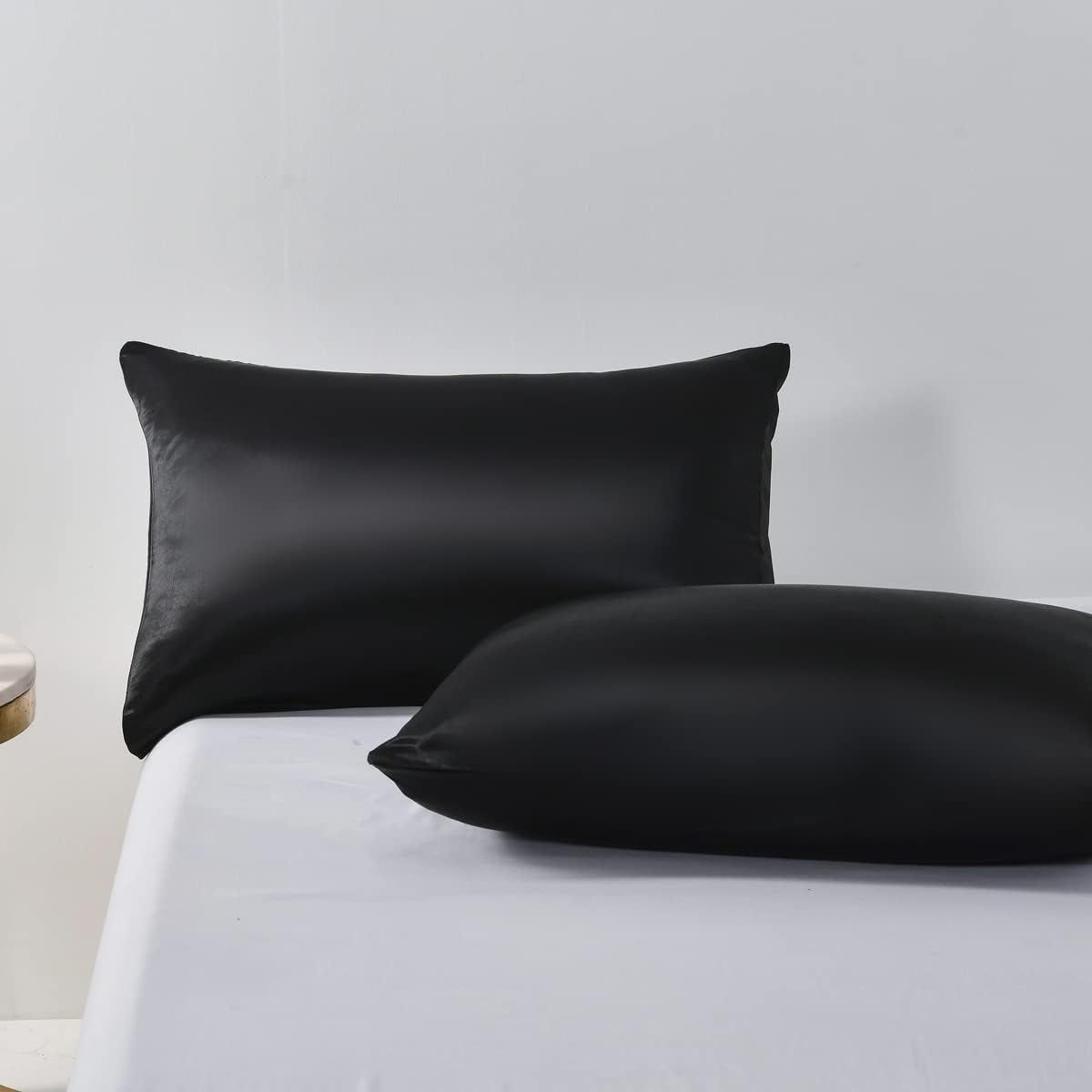 Satin Quilt cover Set Hotel 3 Pieces Quilt cover with Pillowcase, Art Silk Bedding Set-Luxury Soft Silky pillowcase for Hair and Skin, Similar to Silk Duvet/Donna Cover Set- 3 Pieces(Queen,Black)