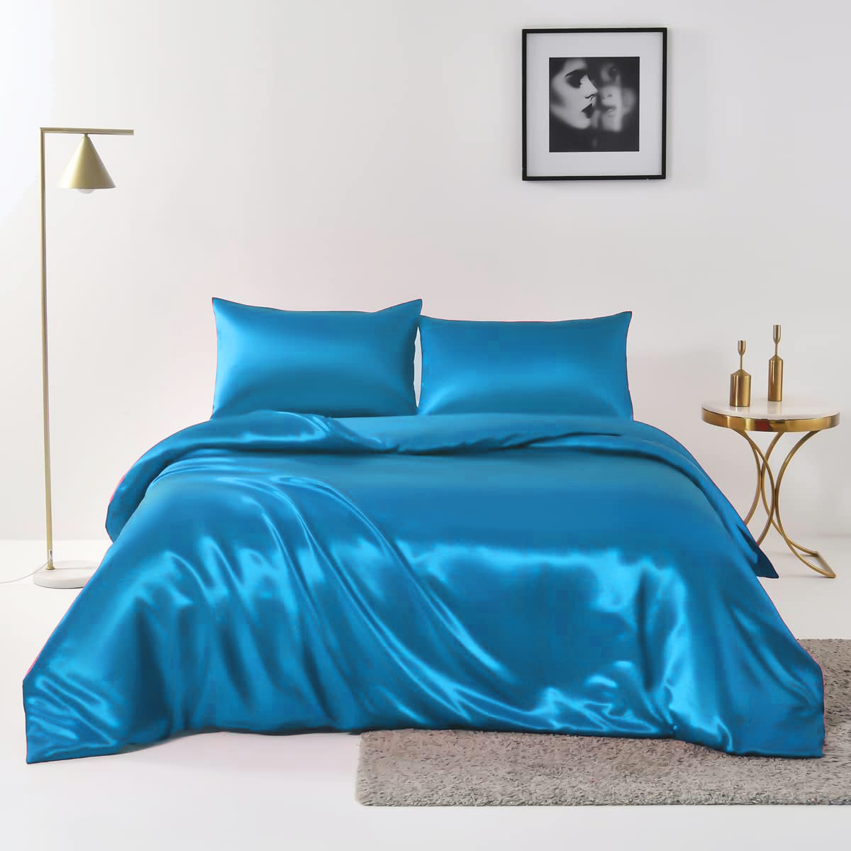 Satin Quilt cover Set Hotel 3 Pieces Quilt cover with Pillowcase, Art Silk Bedding Set-Luxury Soft Silky pillowcase for Hair and Skin, Similar to Silk Duvet/Donna Cover Set- 3 Pieces(Queen,Ocean)