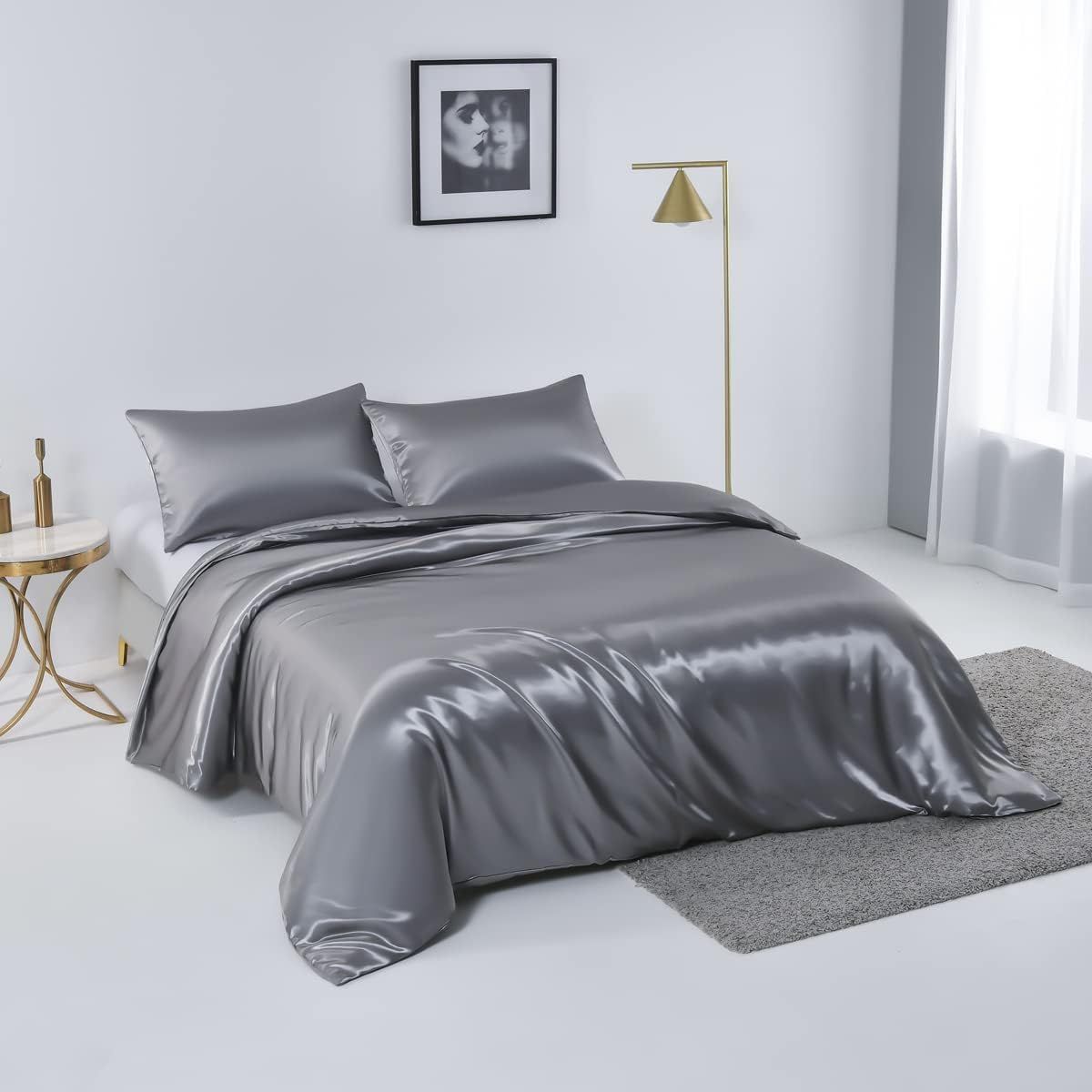 Satin Quilt cover Set Hotel 3 Pieces Quilt cover with Pillowcase, Art Silk Bedding Set-Luxury Soft Silky pillowcase for Hair and Skin, Similar to Silk Duvet/Donna Cover Set- 3 Pieces(Queen,Grey)