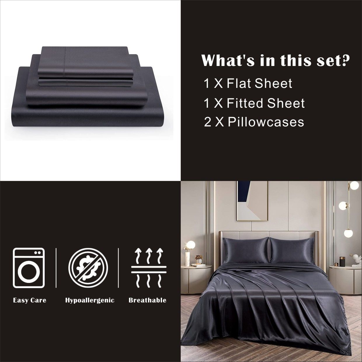 Art Silk Satin Sheet Set Hotel 4 Pieces Fitted/Flat Sheet Bedding Set-Luxury Soft Silky Sheets for Hair and Skin, Similar to Silk Bed Sheets Set 4 Pieces(Queen,Black)