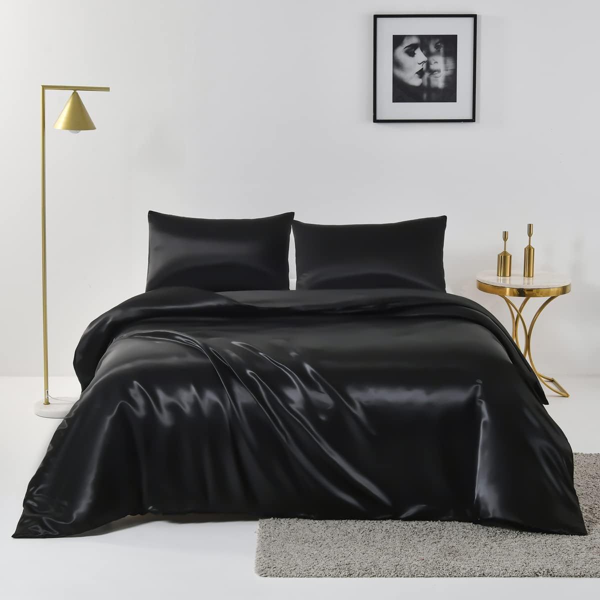 Satin Quilt cover Set Hotel 3 Pieces Quilt cover with Pillowcase, Art Silk Bedding Set-Luxury Soft Silky pillowcase for Hair and Skin, Similar to Silk Duvet/Donna Cover Set- 3 Pieces(Super King,Black)