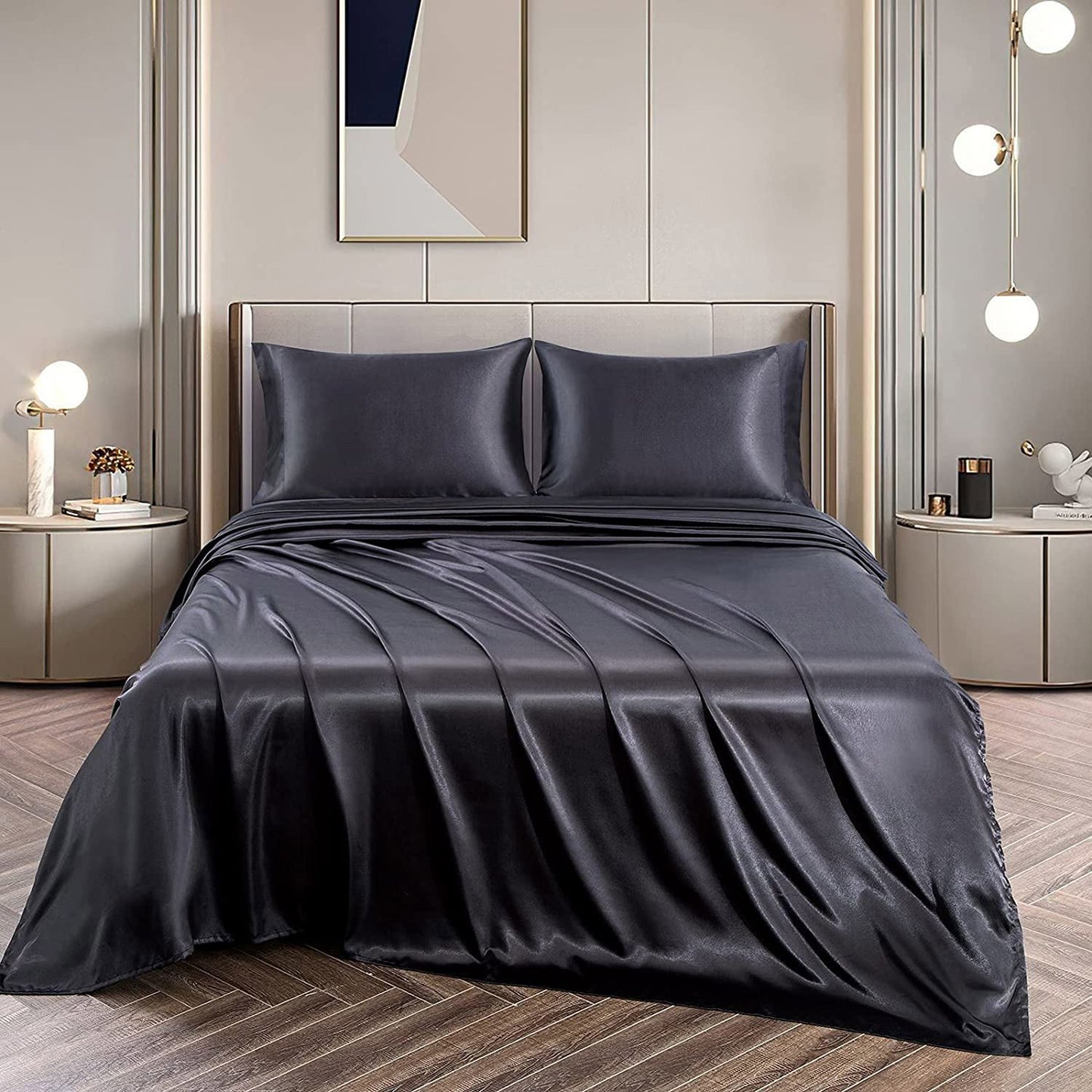 Art Silk Satin Sheet Set Hotel 4 Pieces Fitted/Flat Sheet Bedding Set-Luxury Soft Silky Sheets for Hair and Skin, Similar to Silk Bed Sheets Set 4 Pieces(Super King,Black)
