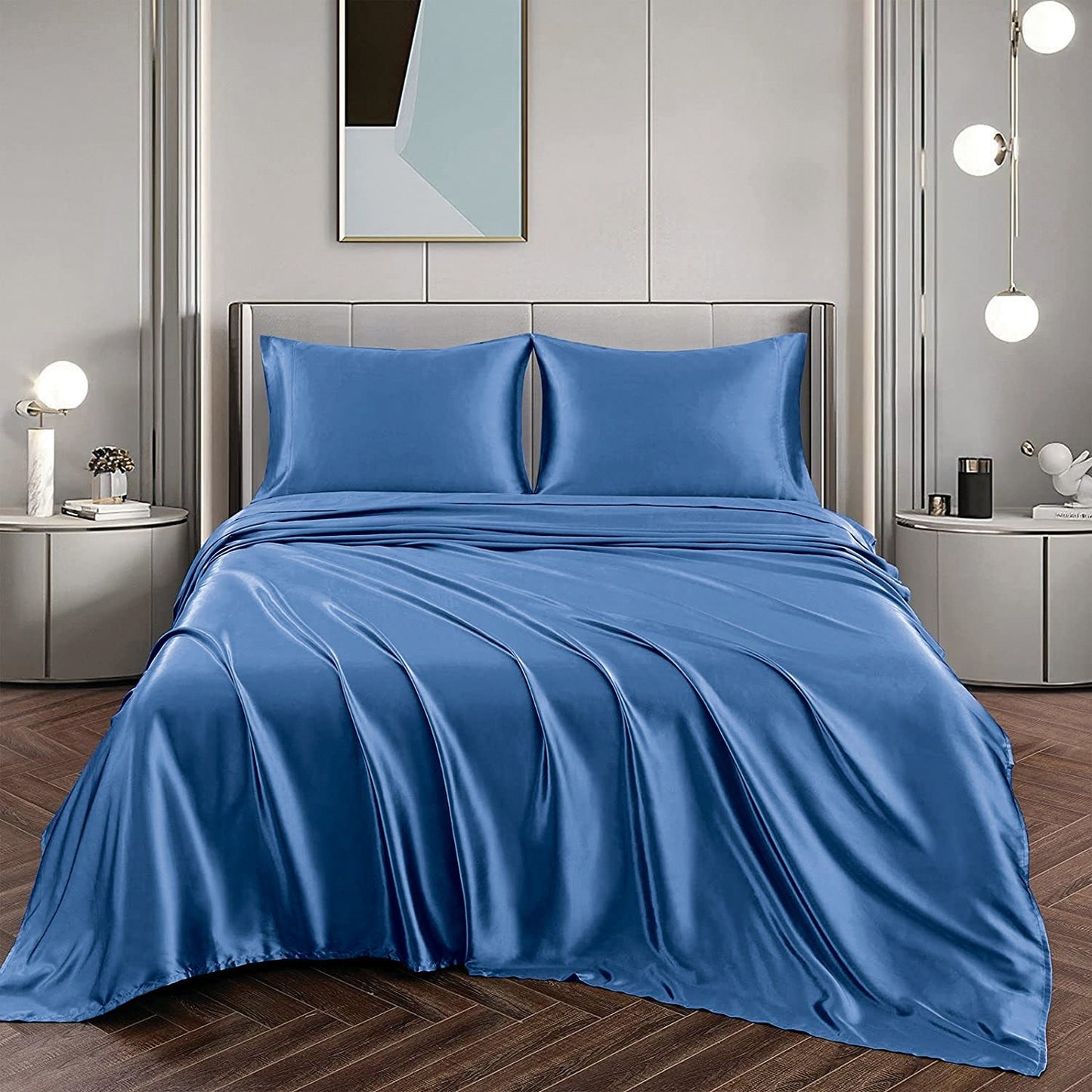 Art Silk Satin Sheet Set Hotel 4 Pieces Fitted/Flat Sheet Bedding Set-Luxury Soft Silky Sheets for Hair and Skin, Similar to Silk Bed Sheets Set 4 Pieces(Super King,Ocean)