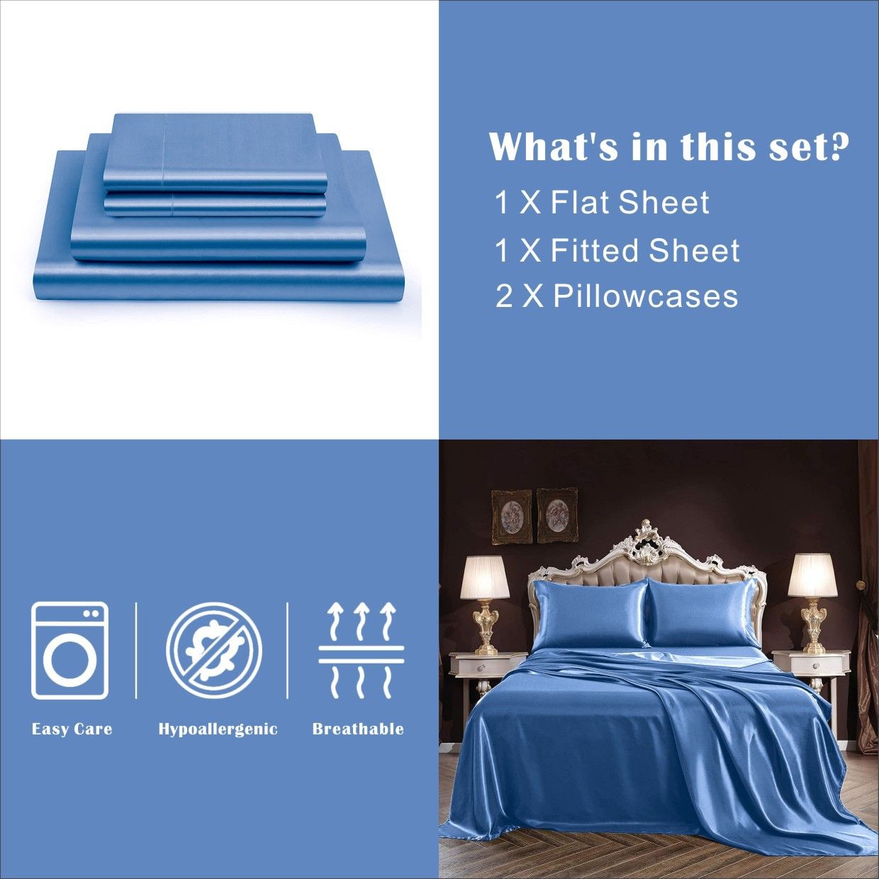 Art Silk Satin Sheet Set Hotel 4 Pieces Fitted/Flat Sheet Bedding Set-Luxury Soft Silky Sheets for Hair and Skin, Similar to Silk Bed Sheets Set 4 Pieces(Super King,Ocean)
