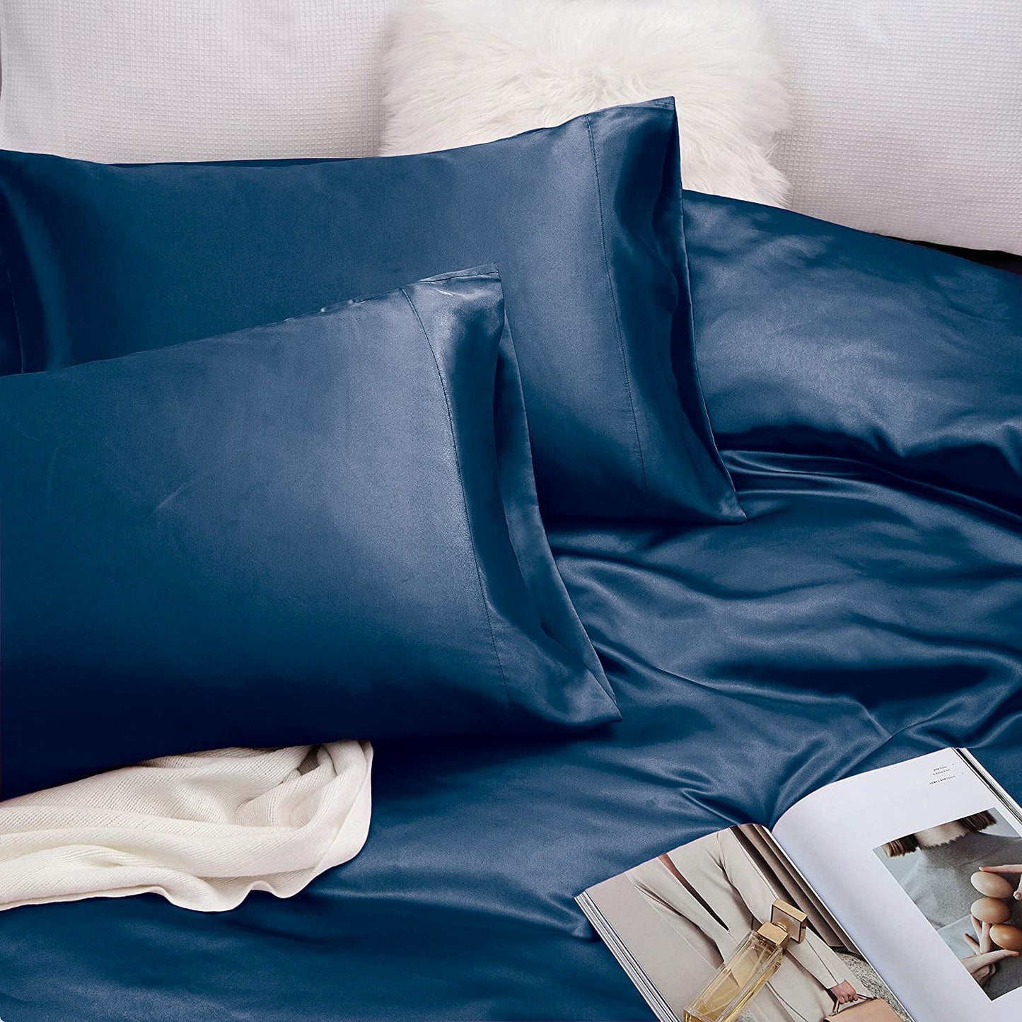 Art Silk Satin Sheet Set Hotel 4 Pieces Fitted/Flat Sheet Bedding Set-Luxury Soft Silky Sheets for Hair and Skin, Similar to Silk Bed Sheets Set 4 Pieces(Super King,Navy)