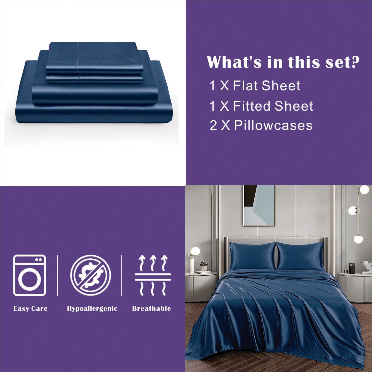 Art Silk Satin Sheet Set Hotel 4 Pieces Fitted/Flat Sheet Bedding Set-Luxury Soft Silky Sheets for Hair and Skin, Similar to Silk Bed Sheets Set 4 Pieces(Super King,Navy)