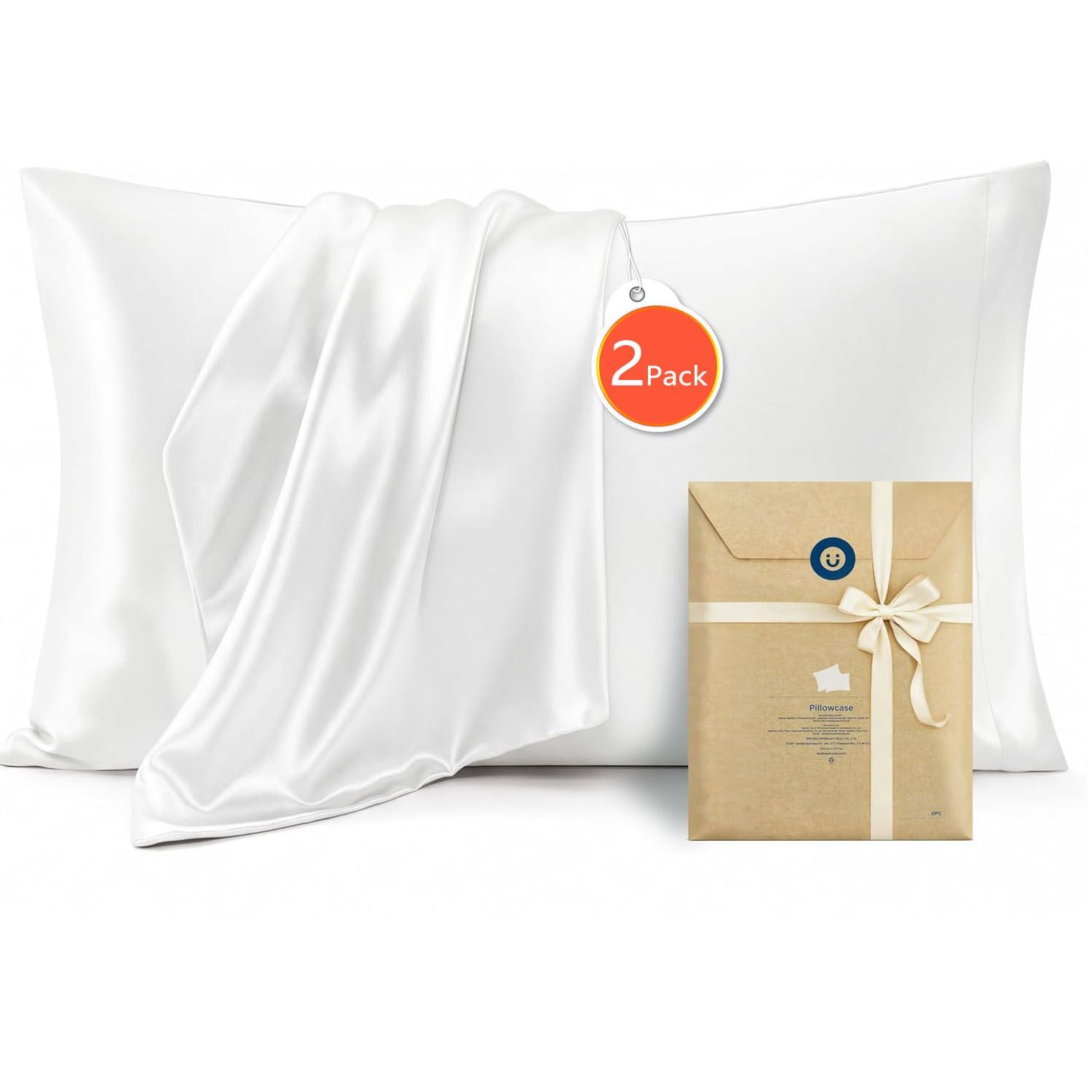 Silk Pillowcase for Hair and Skin Mulberry Silk Pillowcase Soft Breathable Smooth Both Sided Natural Silk Pillowcase with Envelope pocket Beauty Sleep Silk Pillow Case for Gift (2 Pack, Standard, White)