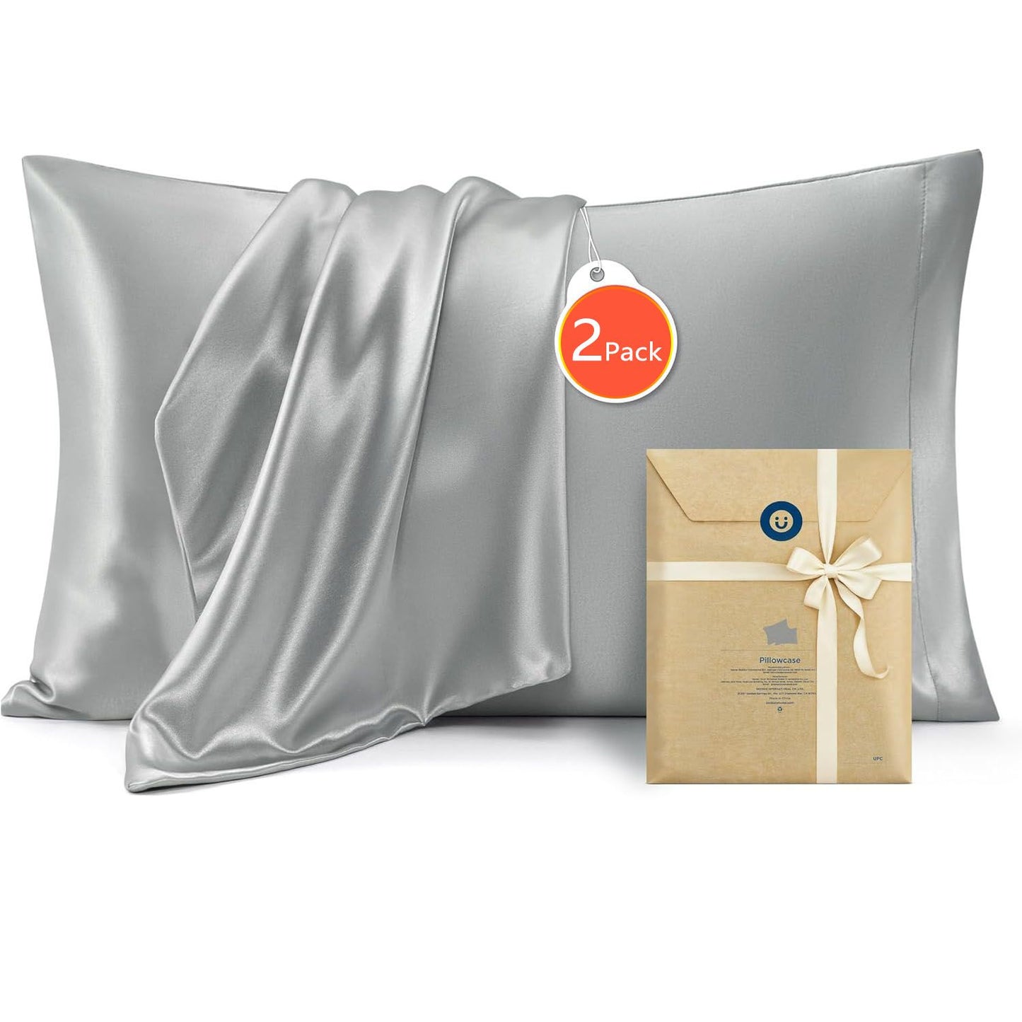 Silk Pillowcase for Hair and Skin Mulberry Silk Pillowcase Soft Breathable Smooth Both Sided Natural Silk Pillowcase with Envelope pocket Beauty Sleep Silk Pillow Case for Gift (2 Pack, Standard, Grey)