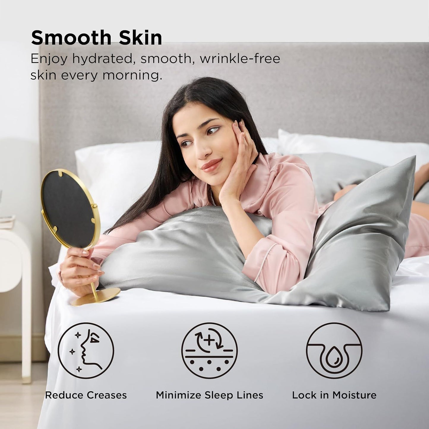 Silk Pillowcase for Hair and Skin Mulberry Silk Pillowcase Soft Breathable Smooth Both Sided Natural Silk Pillowcase with Envelope pocket Beauty Sleep Silk Pillow Case for Gift (2 Pack, Standard, Grey)