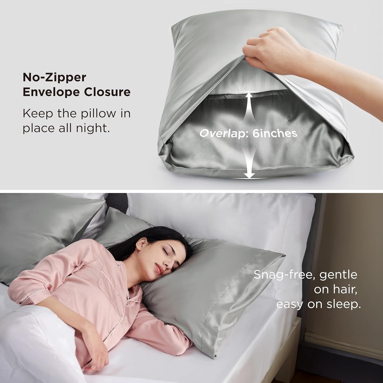 Silk Pillowcase for Hair and Skin Mulberry Silk Pillowcase Soft Breathable Smooth Both Sided Natural Silk Pillowcase with Envelope pocket Beauty Sleep Silk Pillow Case for Gift (2 Pack, Standard, Grey)