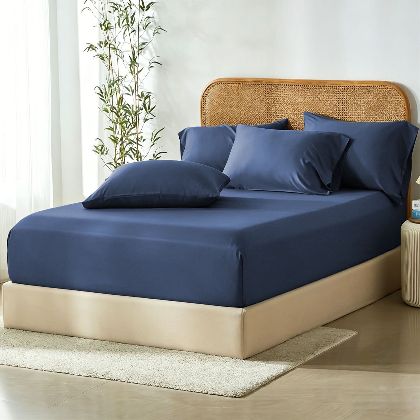 3 Piece Hotel Bamboo Cooling Fitted Sheet Set & Pillowcase -Ultra Soft 2000TC Breathable Fitted Bed Sheets Set with 37 Centimetre Deep Pocket-Cooling Sheets for Hot Sleepers(Navy,King)