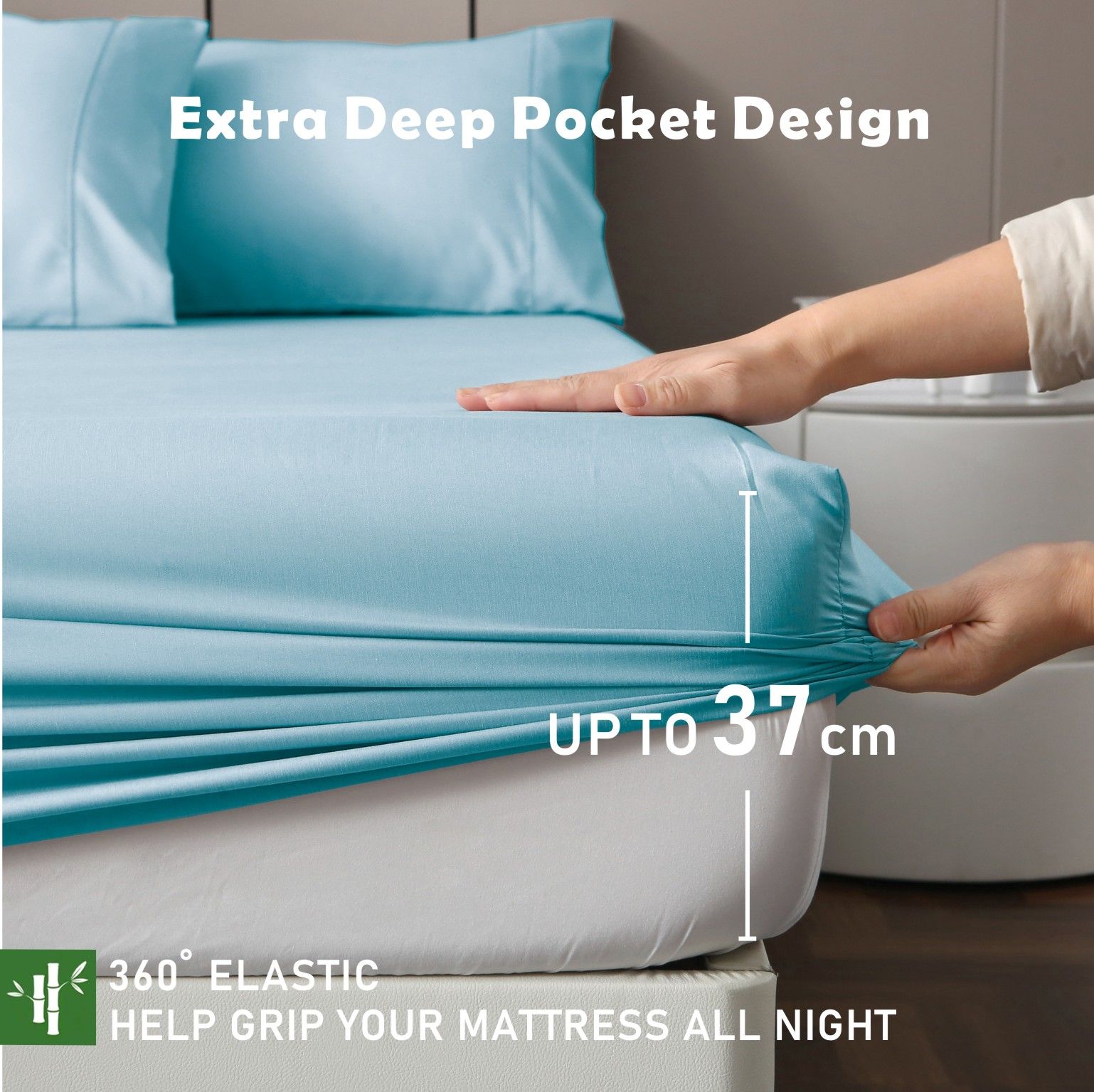 3 Piece Hotel Bamboo Cooling Fitted Sheet Set & Pillowcase -Ultra Soft 2000TC Breathable Fitted Bed Sheets Set with 37 Centimetre Deep Pocket-Cooling Sheets for Hot Sleepers(Sky Blue,King)