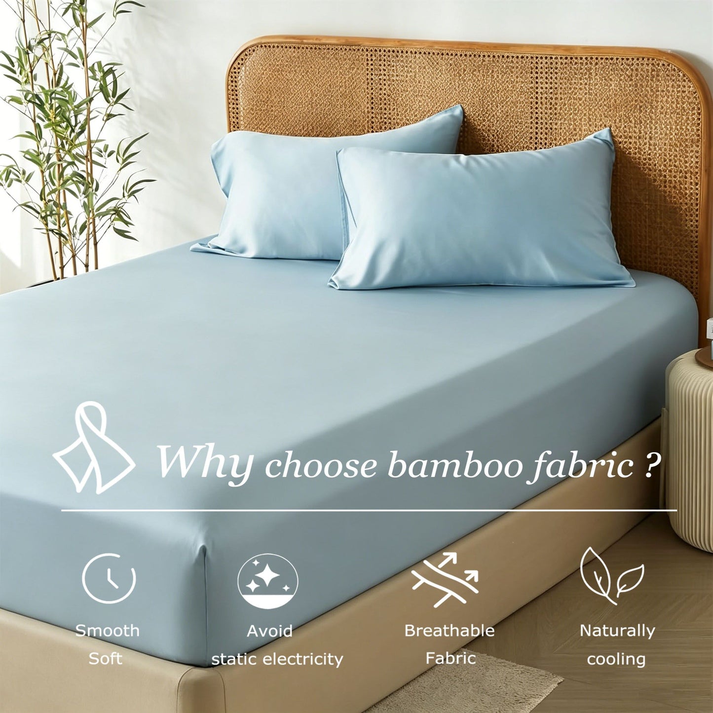 3 Piece Hotel Bamboo Cooling Fitted Sheet Set & Pillowcase -Ultra Soft 2000TC Breathable Fitted Bed Sheets Set with 37 Centimetre Deep Pocket-Cooling Sheets for Hot Sleepers(Sky Blue,King)
