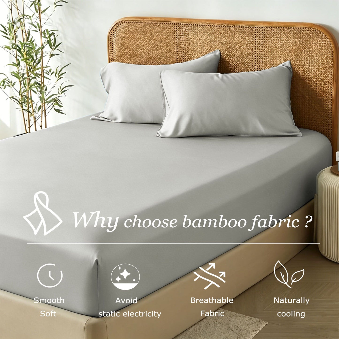 3 Piece Hotel Bamboo Cooling Fitted Sheet Set & Pillowcase -Ultra Soft 2000TC Breathable Fitted Bed Sheets Set with 37 Centimetre Deep Pocket-Cooling Sheets for Hot Sleepers(Silver-gray,King)