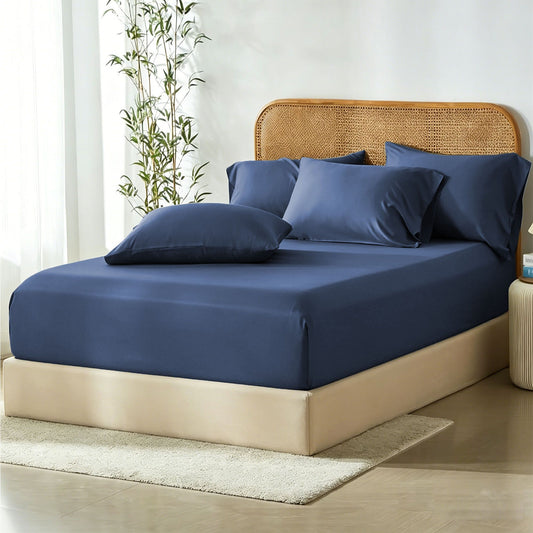 2 Piece Hotel Bamboo Cooling Fitted Sheet Set & Pillowcase -Ultra Soft 2000TC Breathable Fitted Bed Sheets Set with 37 Centimetre Deep Pocket-Cooling Sheets for Hot Sleepers(Navy,King Single)